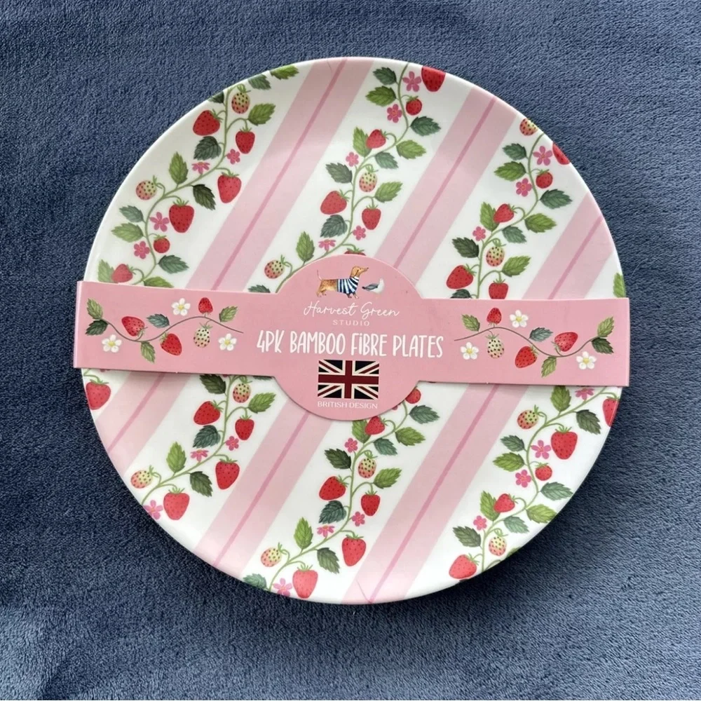 Harvest Green Studio Bamboo Strawberry Print Dinner Plates Set of 4 NEW